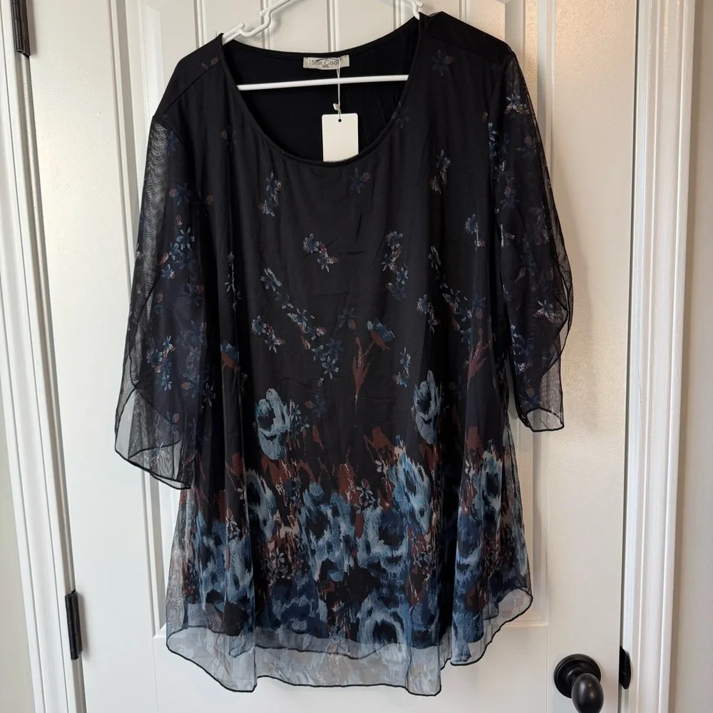 Dark Cottagecore Sheer Floral Flutter Sleeve Tunic Whimsical Flowy Top 3XL - Picture 10 of 11